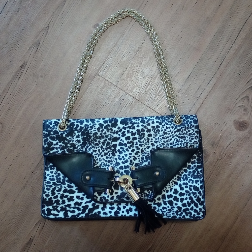 Izabella Rue animal print bag, black & white with gold chain strap